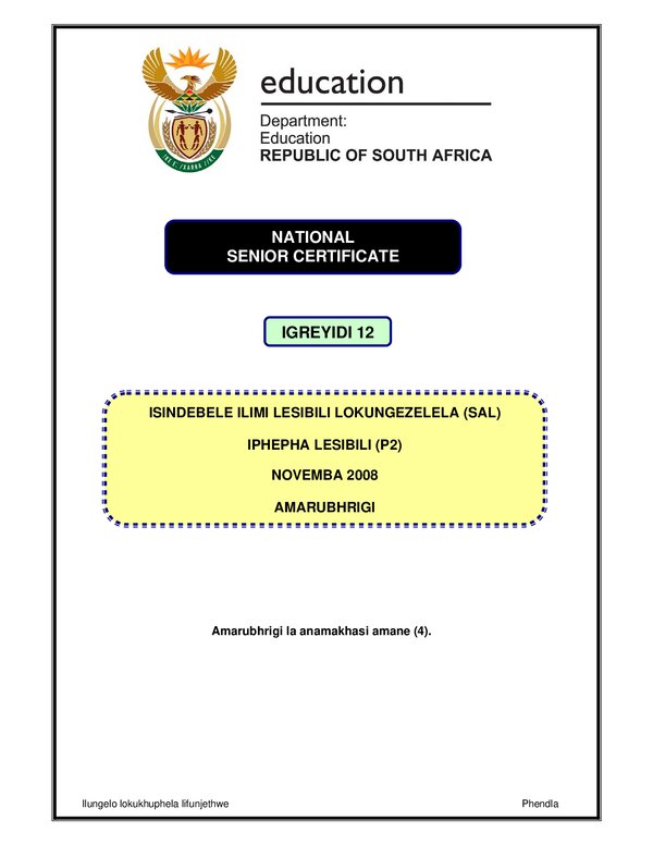 Grade 12 isiNdebele past paper 2008 – Isindebele SAL P2 memo gr12