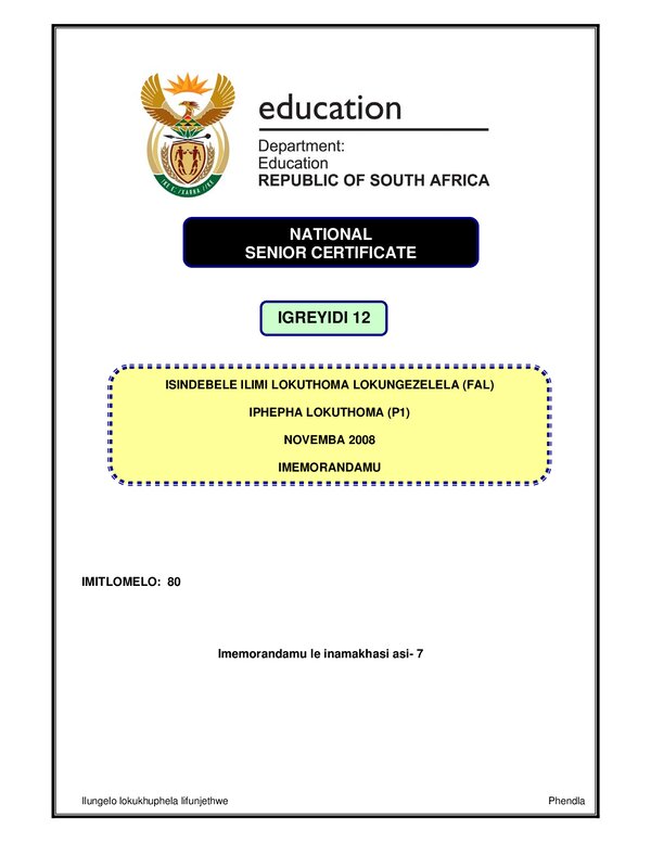 Grade 12 isiNdebele past paper 2008 – Isindebele FAL P1 memo gr12