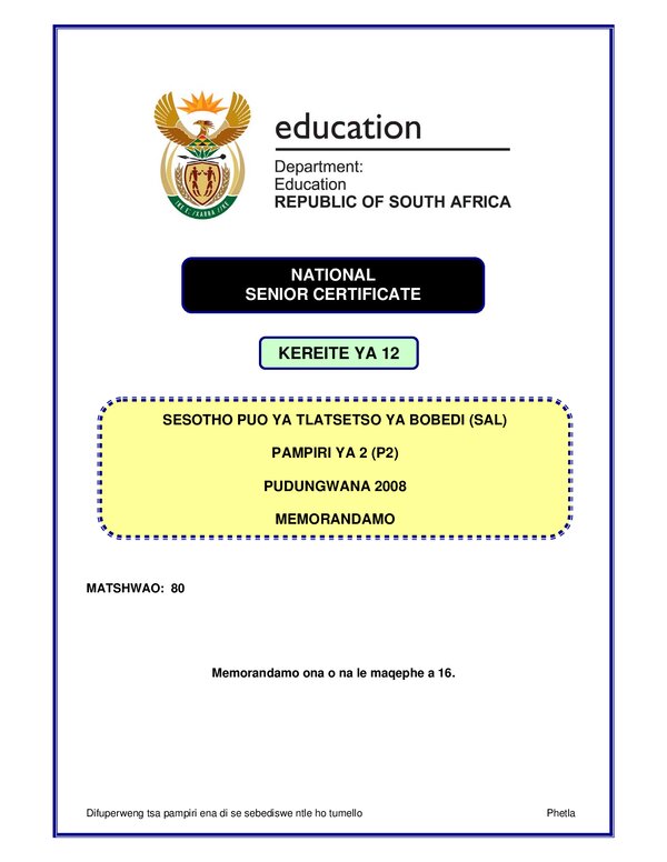 Sesotho Sal P2 Memo Gr12