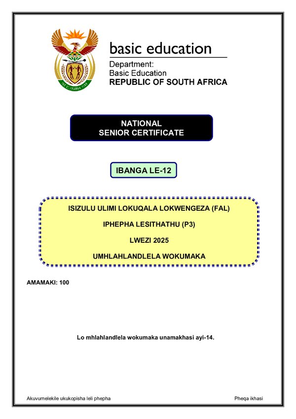 Grade 12 isiZulu past paper 2025 – IsiZulu FAL P3 Memo gr12