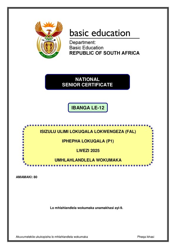 Grade 12 isiZulu past paper 2025 – IsiZulu FAL P1 Memo gr12