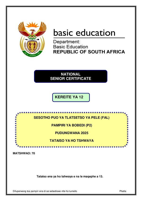 Sesotho Fal P2 Memo Gr12