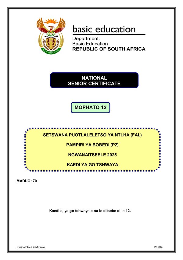 Grade 12 Setswana past paper 2025 – Setswana FAL P2 Memo gr12