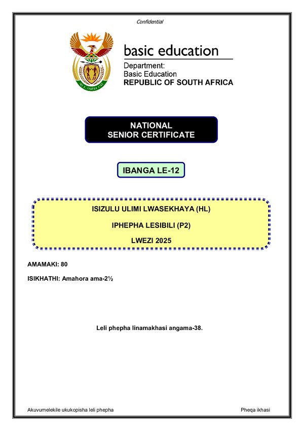 Grade 12 isiZulu past paper 2025 – IsiZulu HL P2 gr12