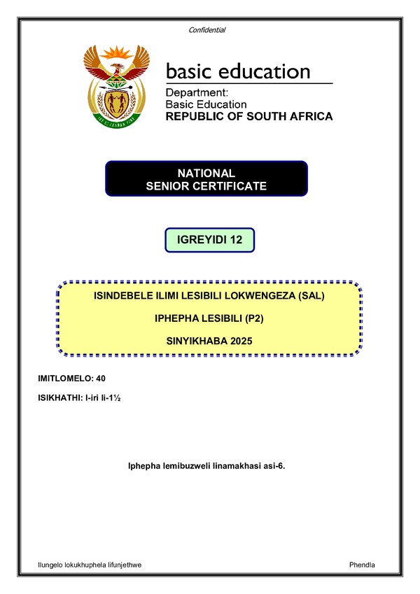 Grade 12 isiNdebele past paper 2025 – IsiNdebele SAL P2 gr12