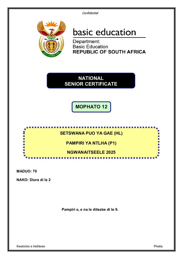 Grade 12 Setswana past paper 2020 – Setswana HL P1 gr12