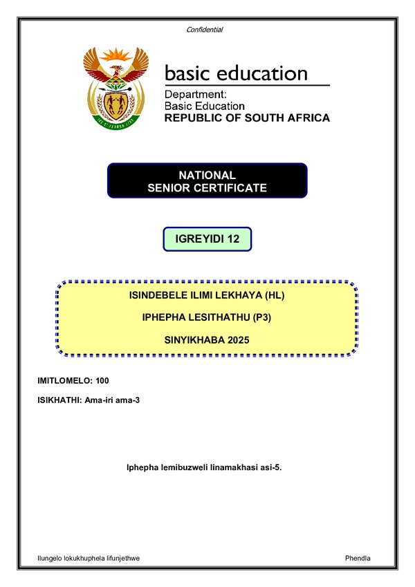 Grade 12 isiNdebele past paper 2025 – IsiNdebele HL P3 gr12