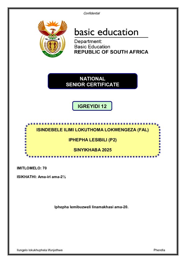 Grade 12 isiNdebele past paper 2025 – IsiNdebele FAL P2 gr12