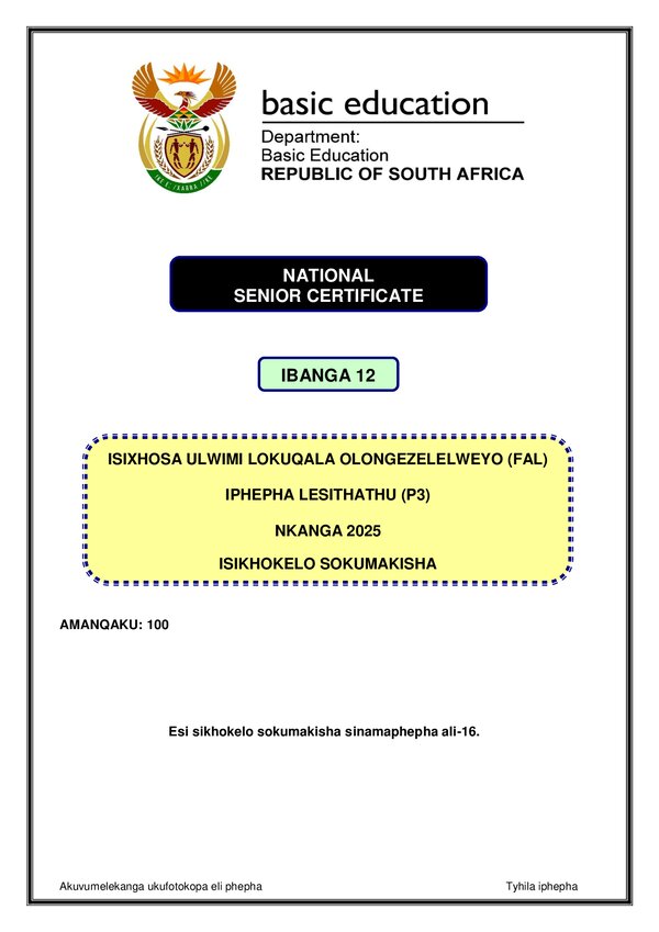 Isixhosa Fal P3 Memo Gr12