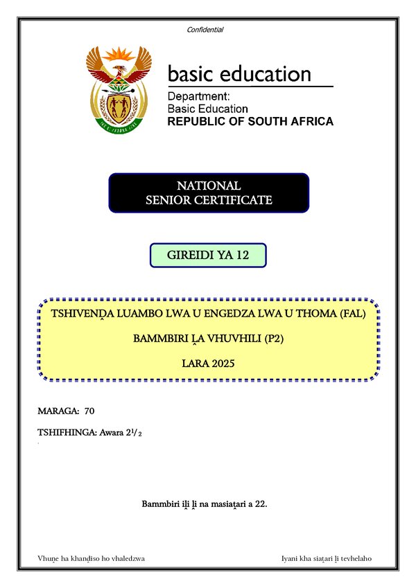 Grade 12 Tshivenda past paper 2025 – Tshivenda FAL P2 gr12