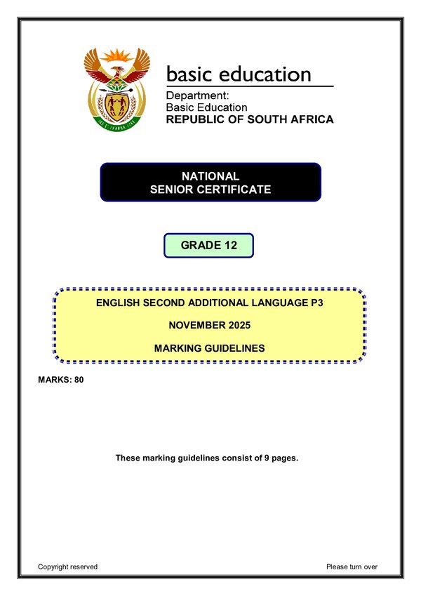 Grade 12 English past paper 2025 – English SAL P3 memo gr12