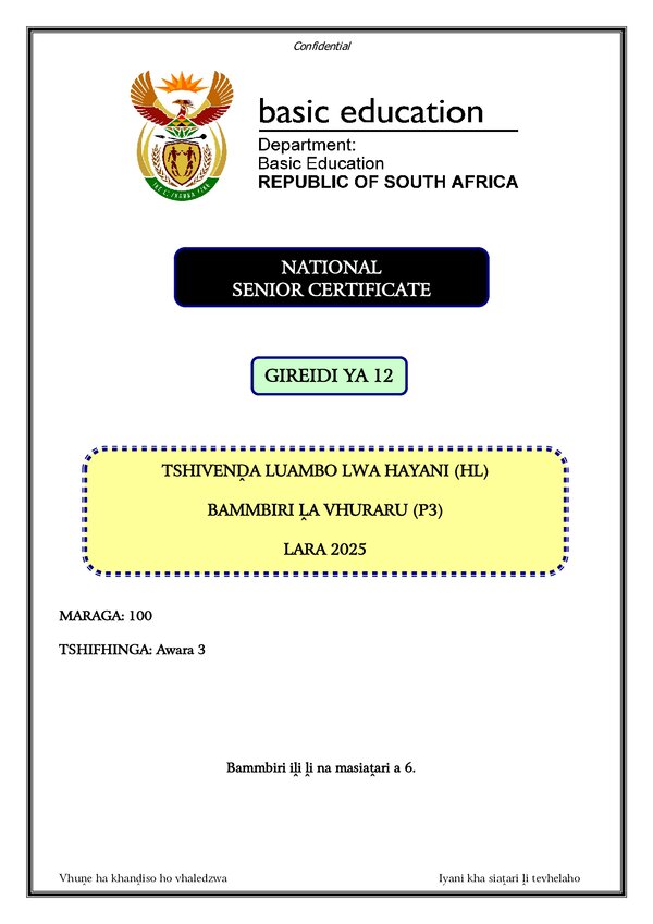 Grade 12 Tshivenda past paper 2025 – Tshivenda HL P3 gr12