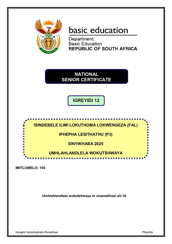 Grade 12 isiNdebele past paper 2025 – IsiNdebele FAL P3 Memo gr12