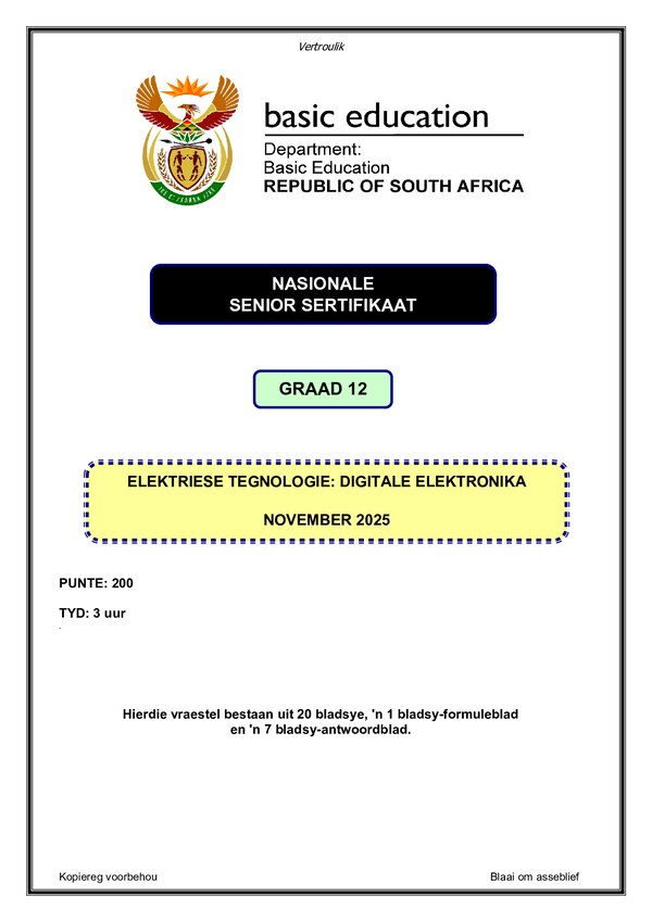 Grade 12 Afrikaans past paper 2025 – Digital Electronics Paper 1 (Afrikaans) gr12
