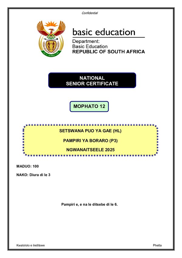 Grade 12 Setswana past paper 2020 – Setswana HL P3 gr12