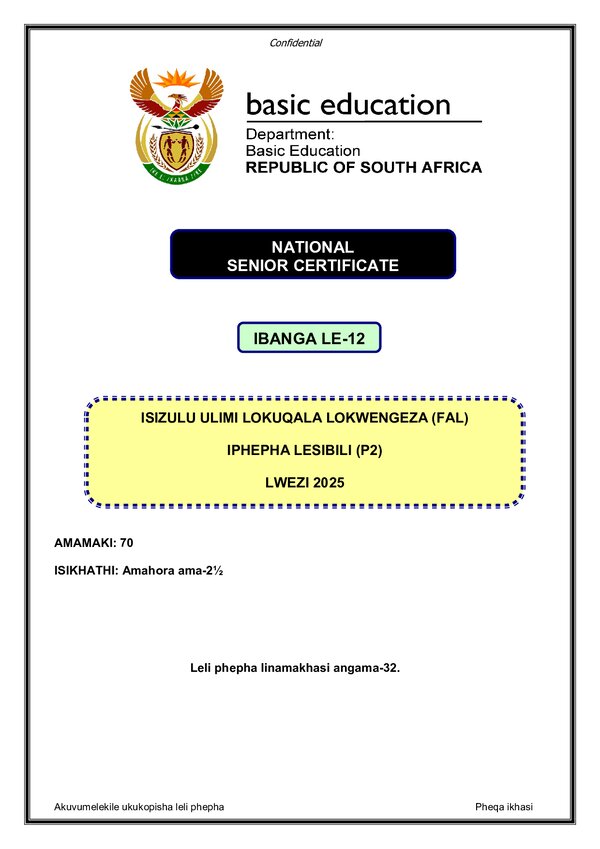 Grade 12 isiZulu past paper 2025 – IsiZulu FAL P2 gr12