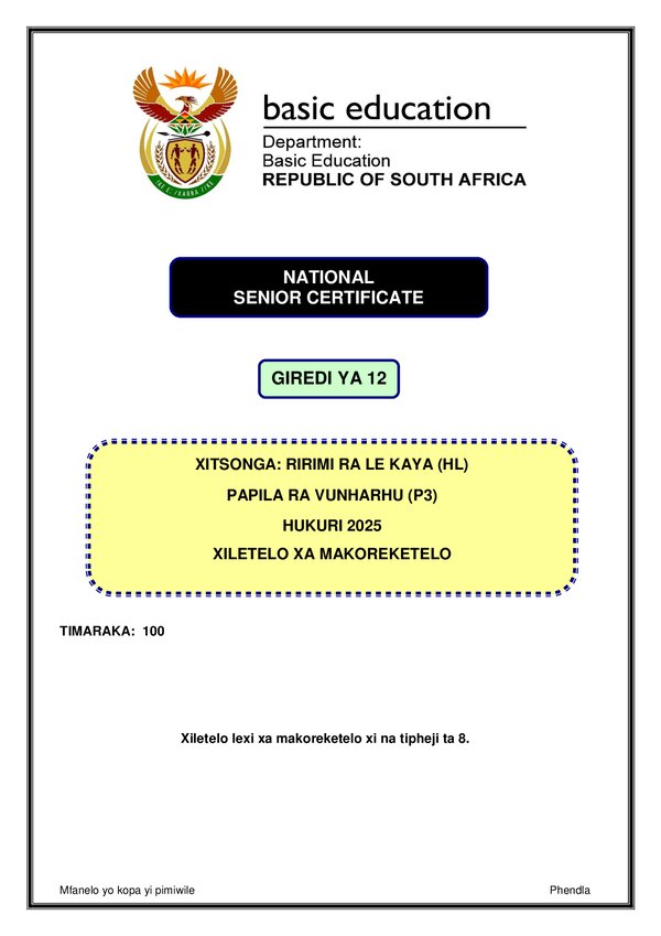 Grade 12 Xitsonga past paper 2025 – Xitsonga HL P3 Memo gr12