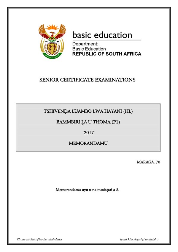Tshivenda Hl P1 Memo Gr12