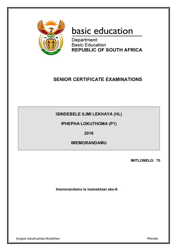 Isindebele Hl P1 Memo Gr12