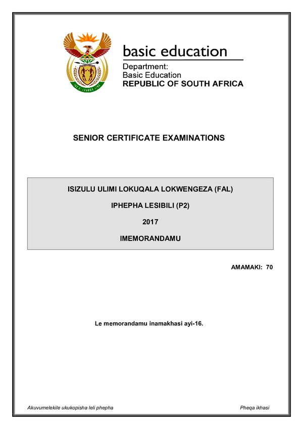 Grade 12 isiZulu past paper 2017 – IsiZulu FAL P2 memo gr12