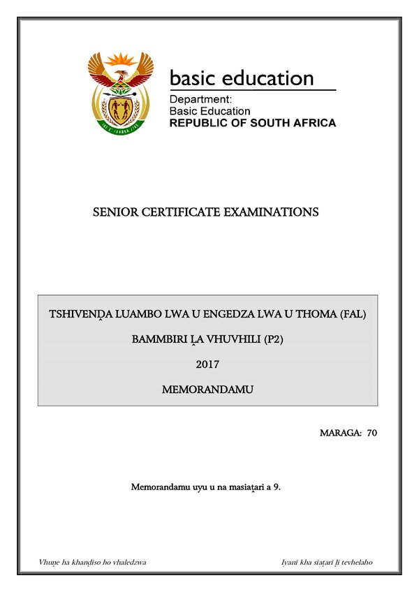 Grade 12 Tshivenda past paper 2017 – Tshivenda FAL P2 Memo gr12