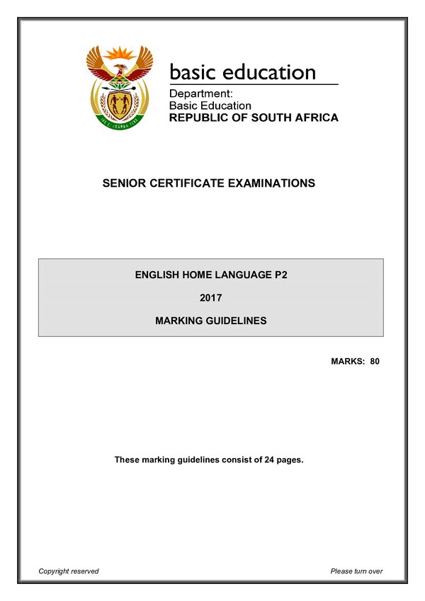 Grade 12 English past paper 2017 – English HL P2 memo gr12