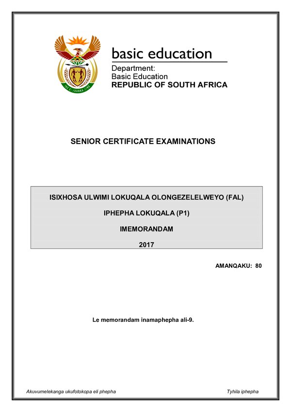 Isixhosa Fal P1 Memo Gr12