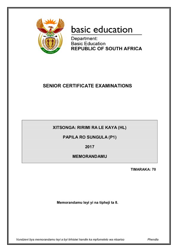 Xitsonga Hl P1 Memo Gr12