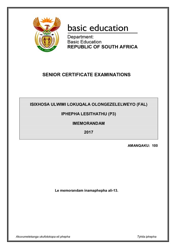 Isixhosa Fal P3 Memo Gr12
