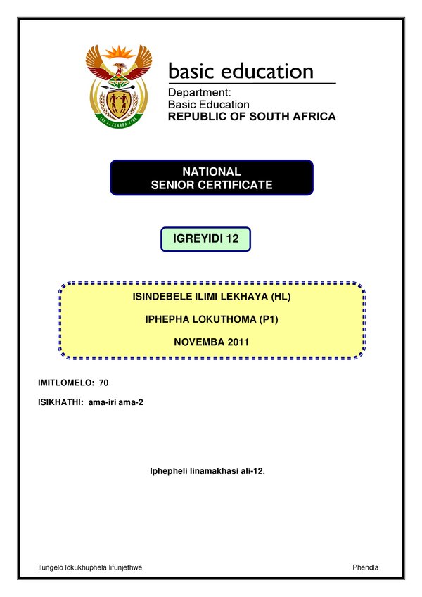 Grade 12 isiNdebele past paper 1990 – IsiNdebele HL P1 gr12