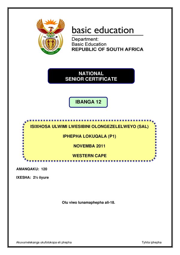 Isixhosa Sal P1 (Western Cape) Gr12