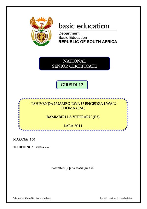 Grade 12 Tshivenda past paper 2011 – Tshivenda FAL P3 gr12