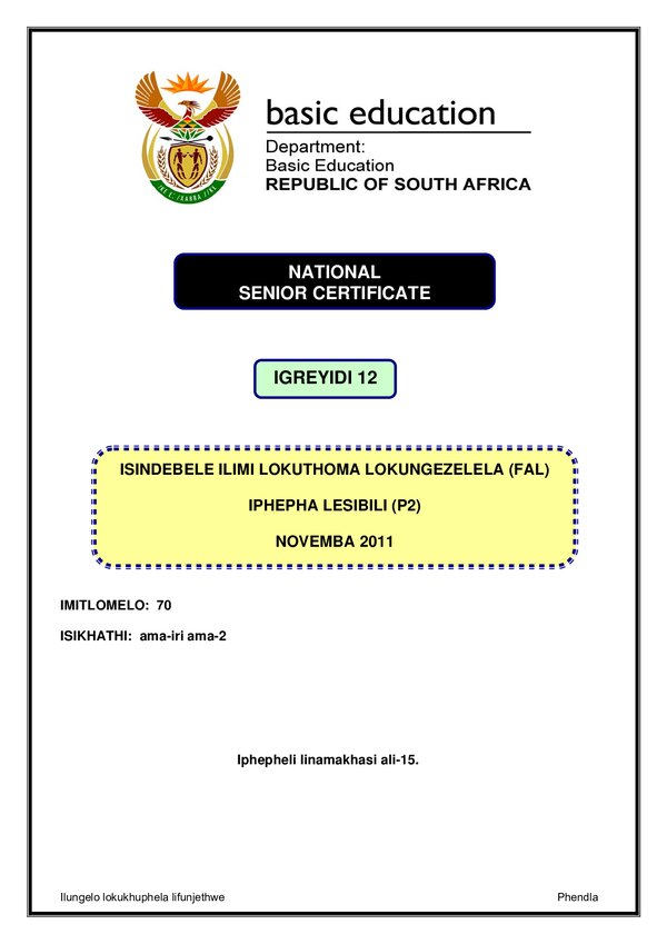 Grade 12 isiNdebele past paper 2011 – IsiNdebele FAL P2 gr12