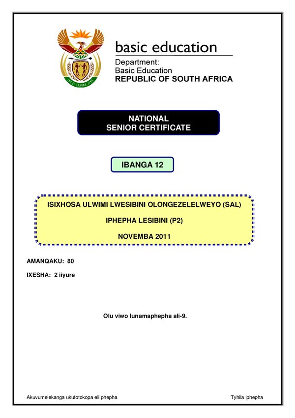 Isixhosa Sal P2 Gr12