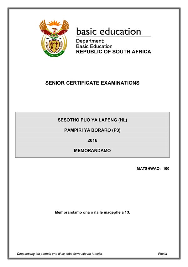 Grade 12 Sesotho past paper 2016 – Sesotho HL P3 memo gr12