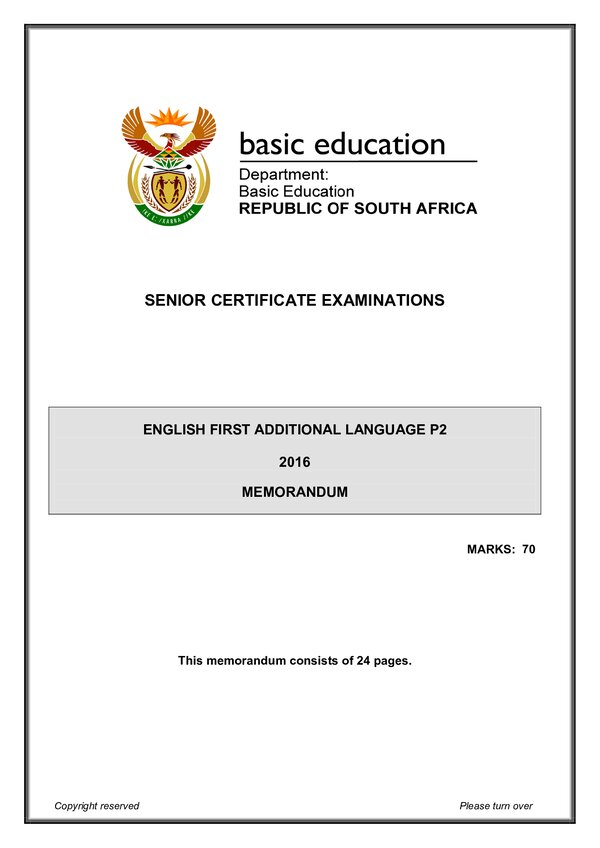 Grade 12 English past paper 2016 – English FAL P2 memo gr12
