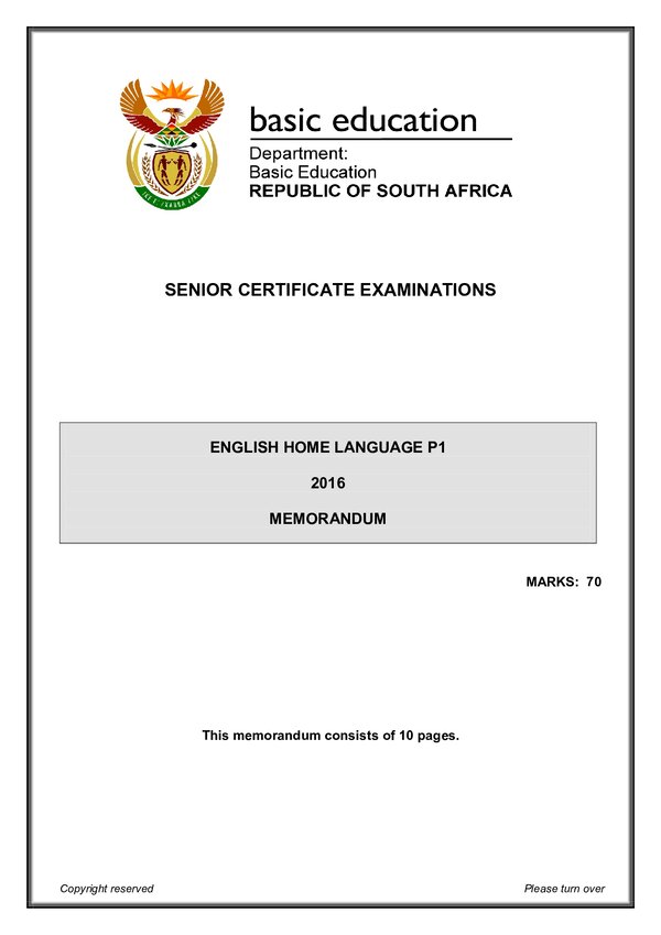 English Hl P1 Memo Gr12