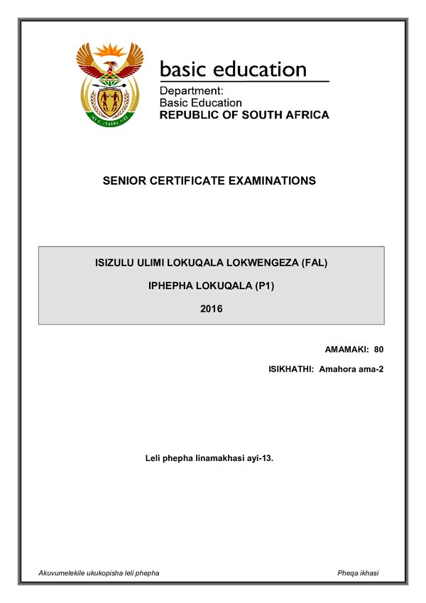 Grade 12 isiZulu past paper 2016 – IsiZulu FAL P1 gr12