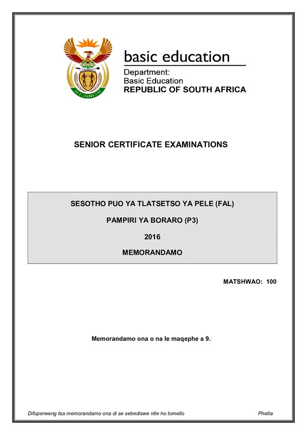 Grade 12 Sesotho past paper 2016 – Sesotho FAL P3 memo gr12