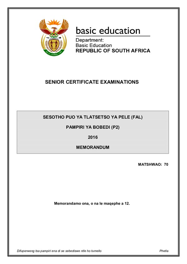 Sesotho Fal P2 Memo Gr12
