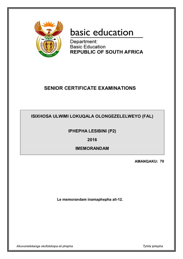 Isixhosa Fal P2 Memo Gr12