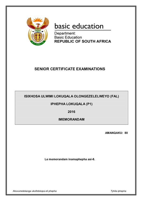 Isixhosa Fal P1 Memo Gr12