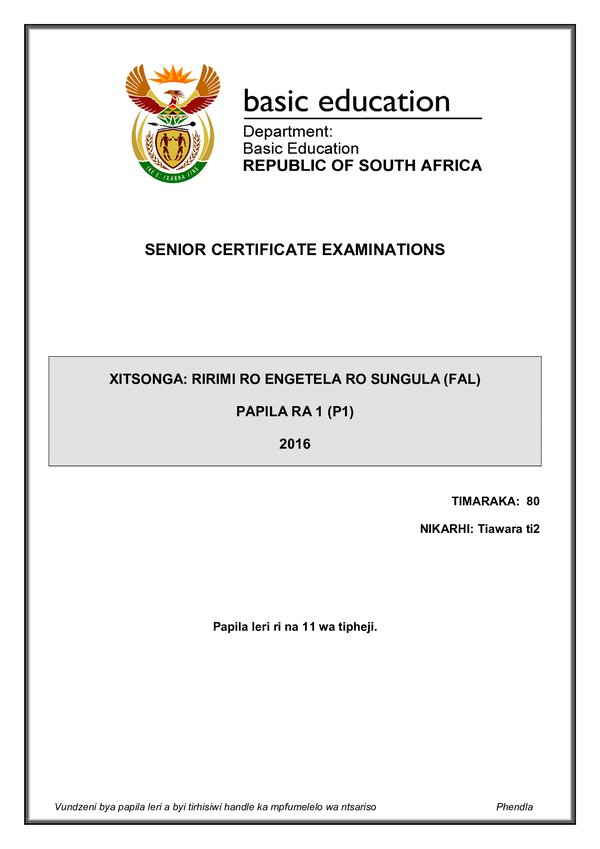 Grade 12 Xitsonga past paper 2016 – Xitsonga FAL P1 gr12