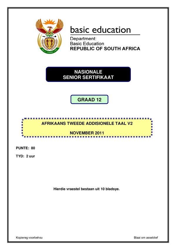 Grade 12 Afrikaans past paper 2011 – Afrikaans SAL P2