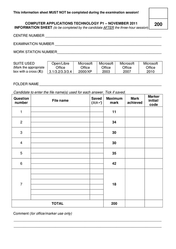 Computer Aplication Technology P1 Information Sheet (Afrikaans)