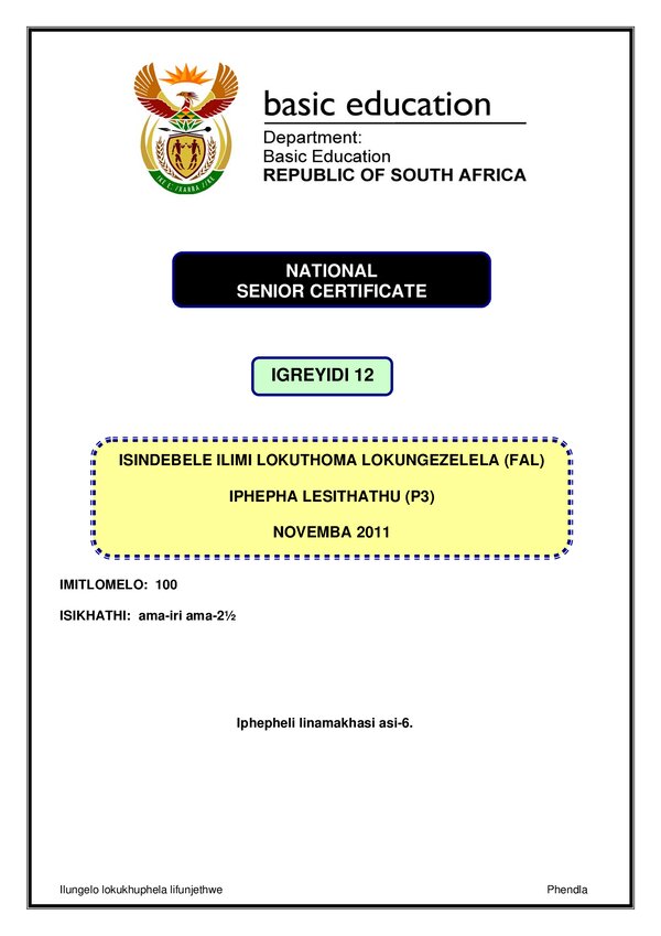 Grade 10 isiNdebele past paper 2011 – IsiNdebele FAL P3