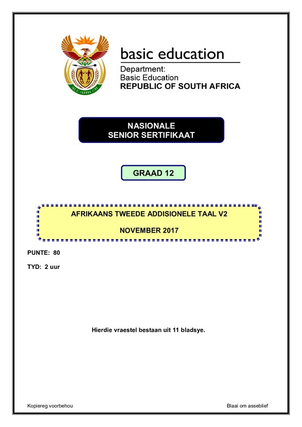 Grade 12 Afrikaans past paper 2017 – Afrikaans SAL P2