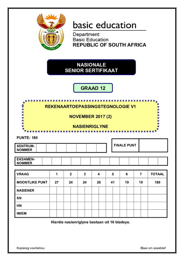 Grade 12 Afrikaans past paper 2000 – Computer Application Technology Memo 1 (Afrikaans) Rewrite