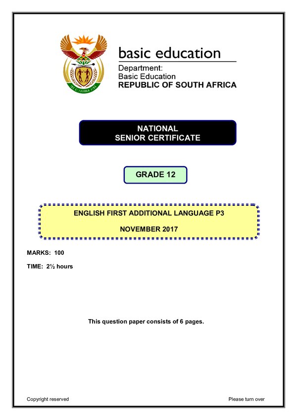 Grade 12 English past paper 2016 – English FAL P3