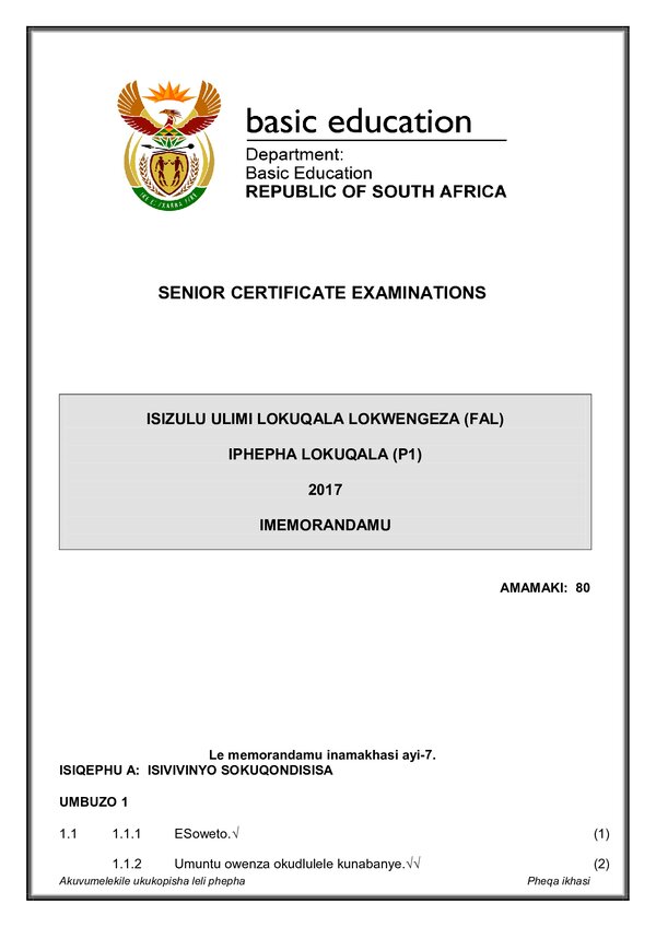 Isizulu Fal P1 Memo